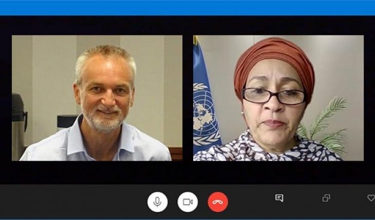 Photo of video call between Rory Truell and Amina Mohammed