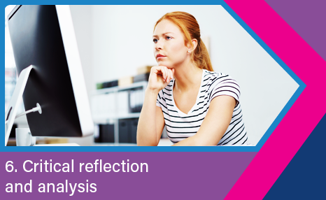 Critical reflection and analysis: Woman reflecting on something at computer screen